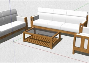 简约中式木制沙发茶几组合SU(草图大师)模型