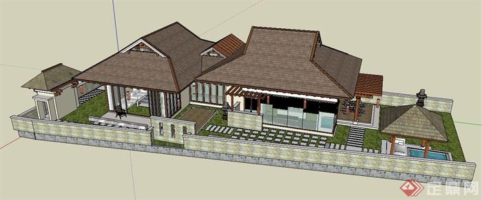 东南亚风格民居别墅建筑设计su模型(4)