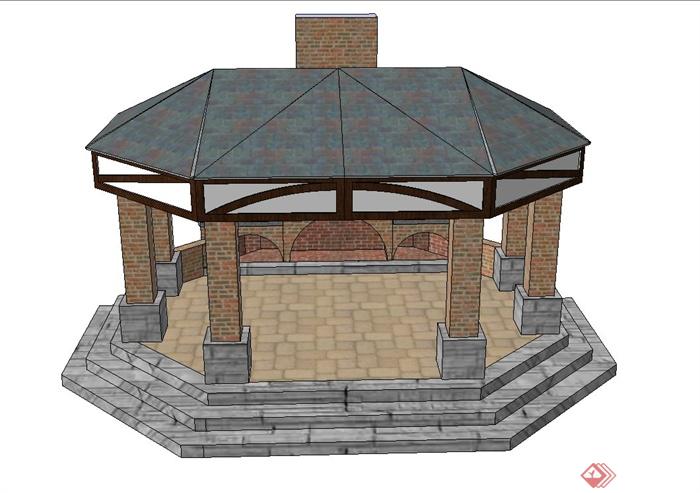 庭院景观椭圆亭子与壁炉组合设计SU模型(1)