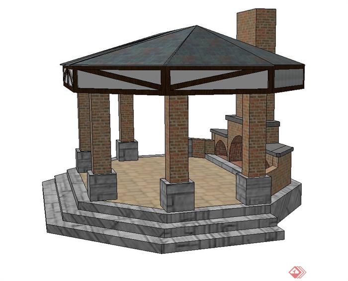 庭院景观椭圆亭子与壁炉组合设计SU模型(2)