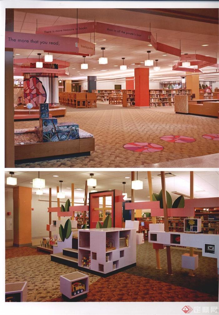 图书馆,阅览室,陈列柜,吊灯,地面铺装,书架