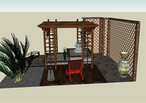 某庭院木廊架、木景墙、喷泉水景等组合设计SU(草图大师)模型