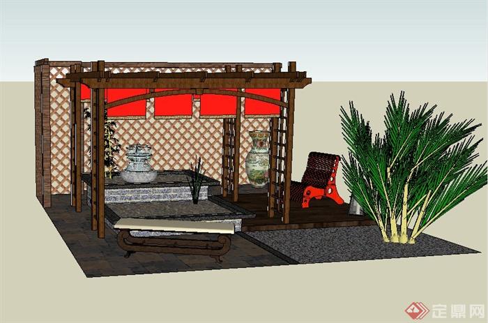 某庭院木廊架、木景墙、喷泉水景等组合设计SU模型(2)