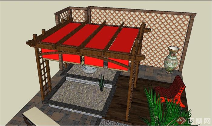 某庭院木廊架、木景墙、喷泉水景等组合设计SU模型(3)