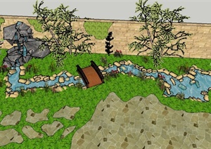 园林景观节点景石跌水与水体、园桥景观设计SU(草图大师)模型