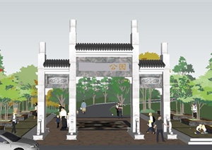 某中式公园大门牌坊门楼设计SU(草图大师)模型