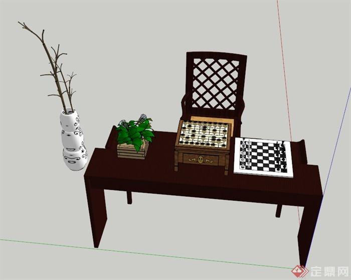 中式书桌椅组合设计SU模型