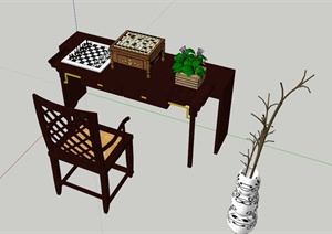 中式书桌椅组合设计SU(草图大师)模型
