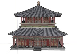 古典中式两层带斗拱茶楼建筑设计SU(草图大师)模型