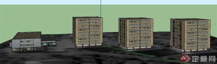 多栋多层商住楼建筑设计su模型(3)
