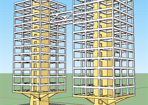 两栋高层建筑设计SU(草图大师)框架模型