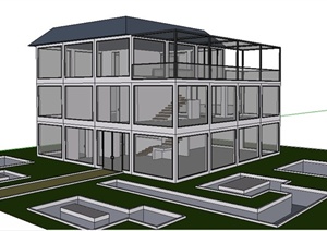 现代三层办公用房办公楼建筑设计SU(草图大师)模型