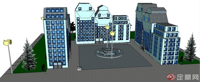 现代三栋办公中心建筑设计su模型(2)