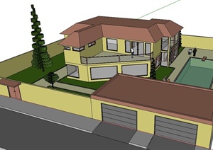 现代风格二层小别墅及庭院设计SU(草图大师)模型