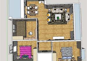 某欧式风格三室两厅住宅空间装修设计SU(草图大师)模型模型