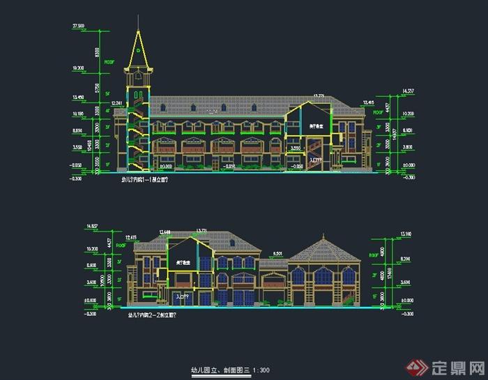 某三层欧式风格幼儿园建筑设计CAD平立剖面图（含效果图）(2)