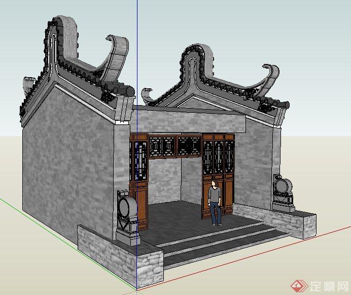 古典中式风格古建门房建筑设计su模型(2)