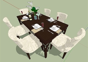 室内装饰中式6人座餐桌椅SU(草图大师)模型