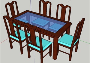 中式风格6人座木制餐桌椅SU(草图大师)模型
