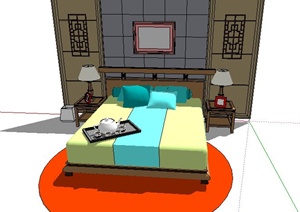 简约中式风格床及背景墙SU(草图大师)模型