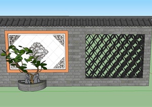 某古典中式景墙与盆栽植物设计SU(草图大师)模型