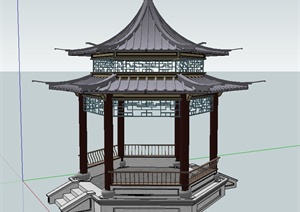 古典中式六角重檐带斗拱亭设计SU(草图大师)模型