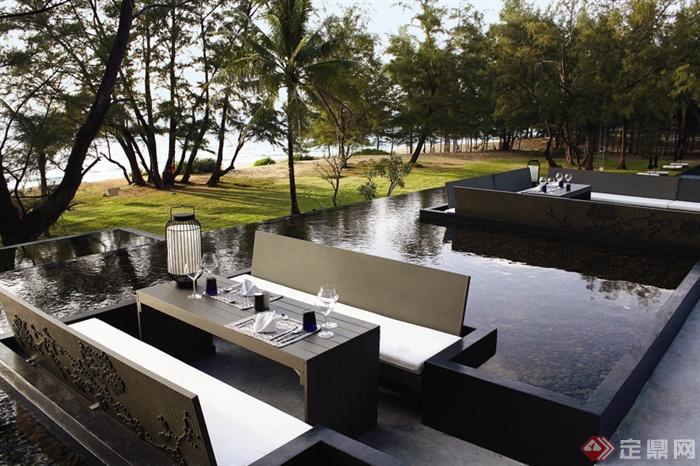 餐桌椅,景观水池,餐具,庭院景观