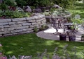 庭院景观,石砌矮墙,草坪,花钵,桌椅,地面铺装,花卉植物