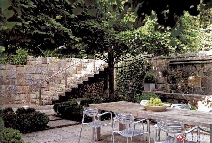 台阶,庭院,庭院景观,桌椅,景墙,水景墙