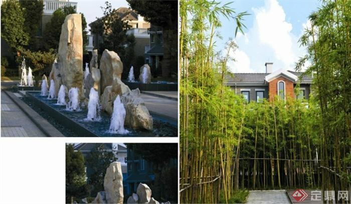 景石,喷泉水池,竹林,地面铺装竹子