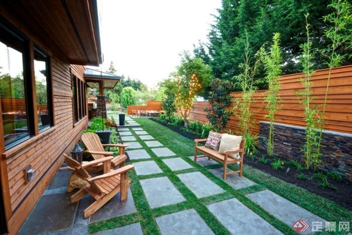 庭院景观,地面铺装,木桌椅,围墙