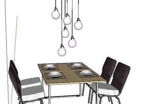 现代简约四人座餐桌椅及吊灯SU(草图大师)模型