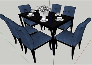 现代风格6人座餐桌椅组合SU(草图大师)模型