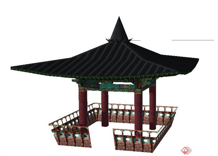 中式风格四角庭院亭设计su模型(2)