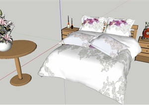 现代简约风格床及床头柜、陈设SU(草图大师)模型