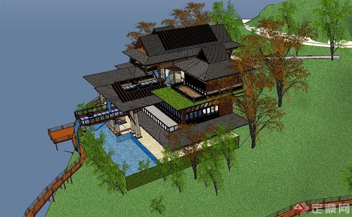 某三层东南亚风格会所建筑设计SU模型(2)