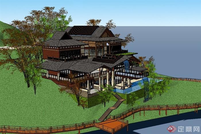 某三层东南亚风格会所建筑设计SU模型(3)