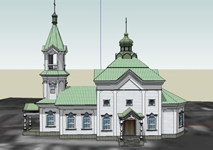 某单层欧式风格青色教堂建筑设计SU(草图大师)模型