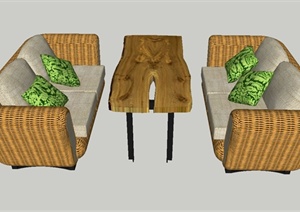 室内藤编沙发与木桌子设计SU(草图大师)模型