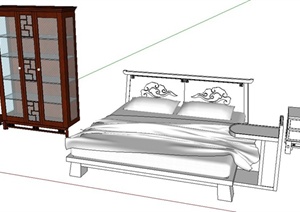 中式风格床、床头柜、衣柜、穿衣镜SU(草图大师)模型
